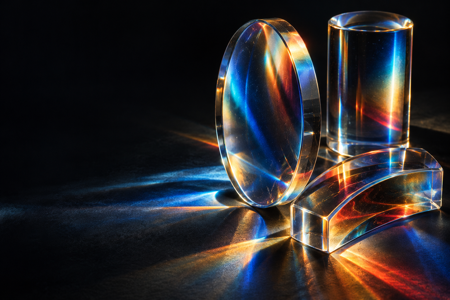 Composición conceptual de vidrio óptico atravesado por luz azul y ámbar
